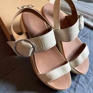 UGG Women's Cream Leather Wedge Sandals with Silver Buckle